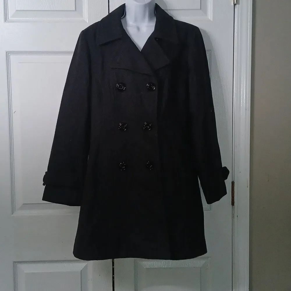 Anne Klein wool blend double breasted charcoal gray pea coat  Sz L NWOT
